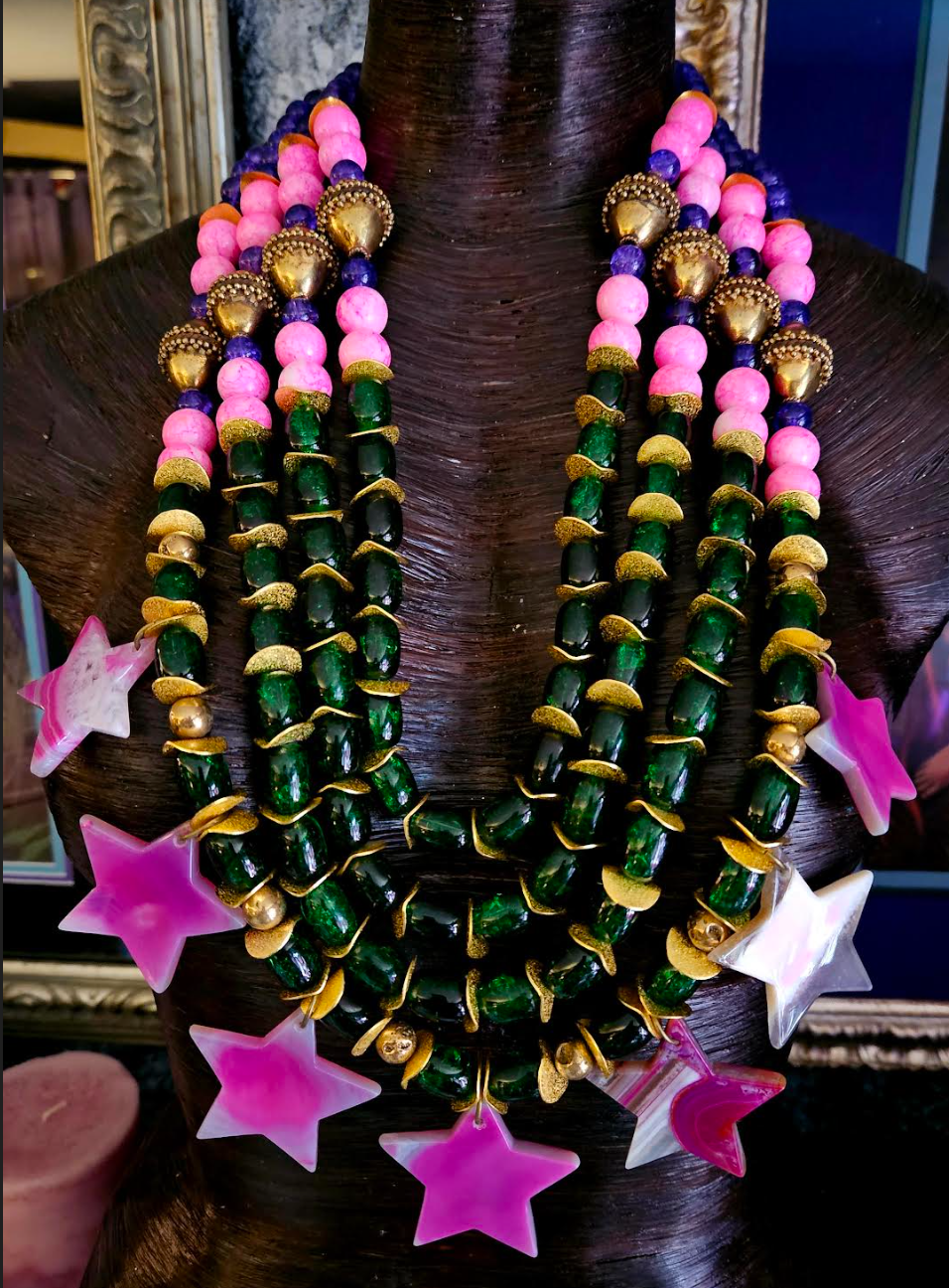 Purple Pink Green & Gold Couture Beaded Chest Piece With Agate Stars