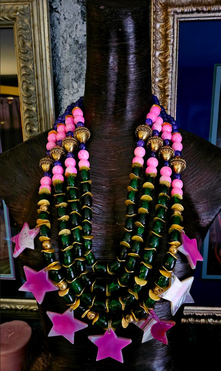 Purple Pink Green & Gold Couture Beaded Chest Piece With Agate Stars