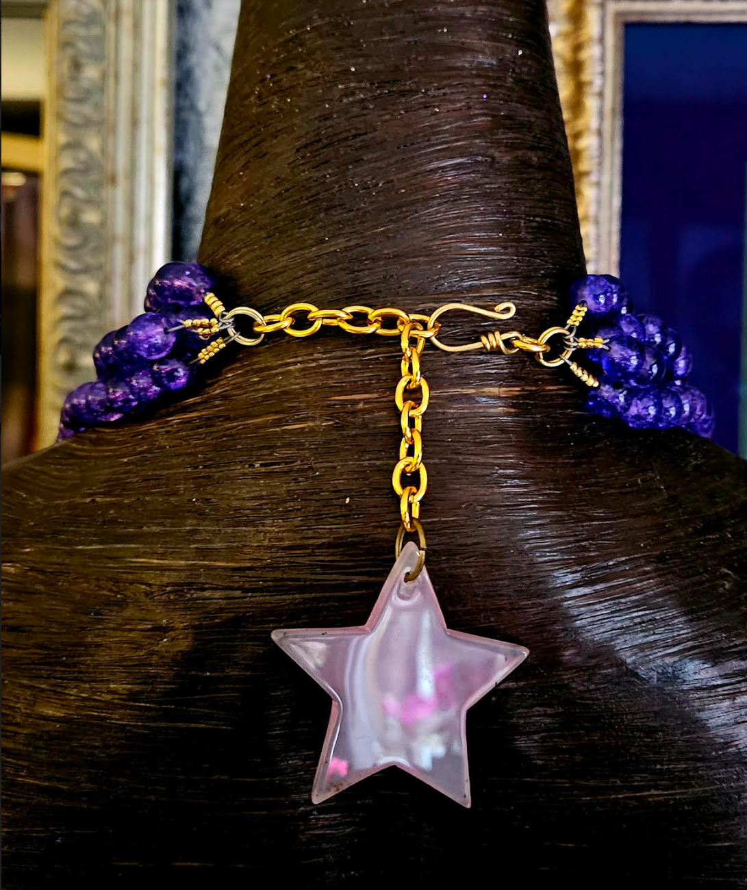 Purple Pink Green & Gold Couture Beaded Chest Piece With Agate Stars
