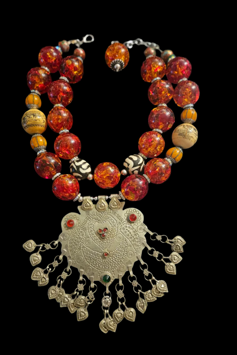 Oversized Tibetan Amber Tribal Statement Necklace - Bold Elegance