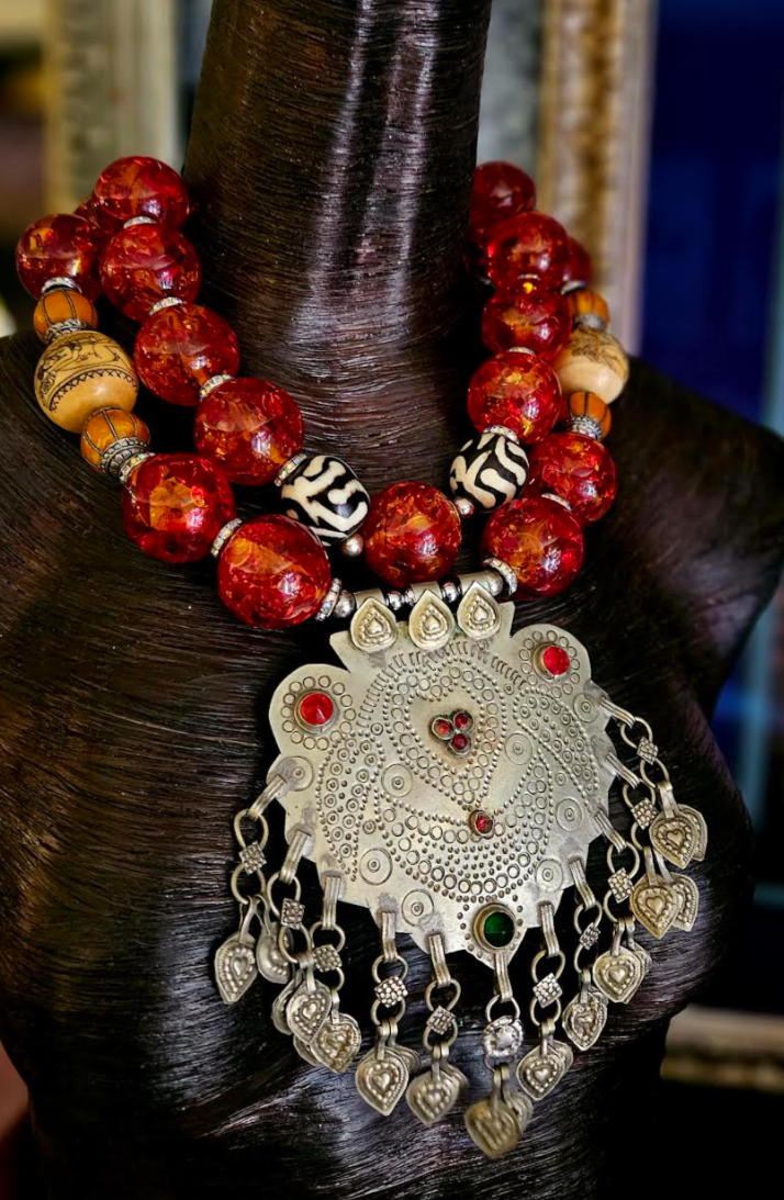 Oversized Tibetan Amber Tribal Statement Necklace - Bold Elegance