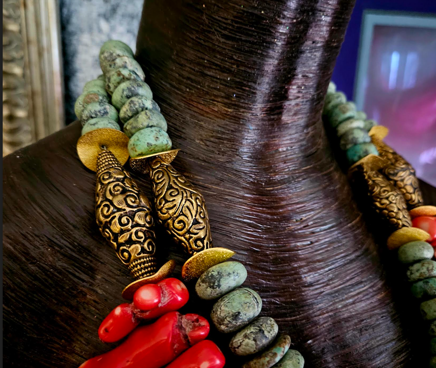 Massive Red Branch Coral Turquoise & Tibetan Brass Repousse Stateme