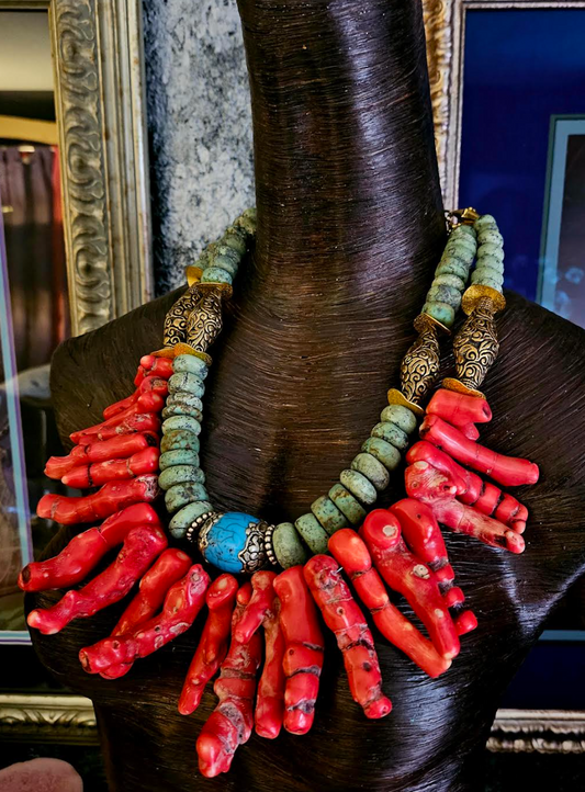 Massive Red Branch Coral Turquoise & Tibetan Brass Repousse Stateme