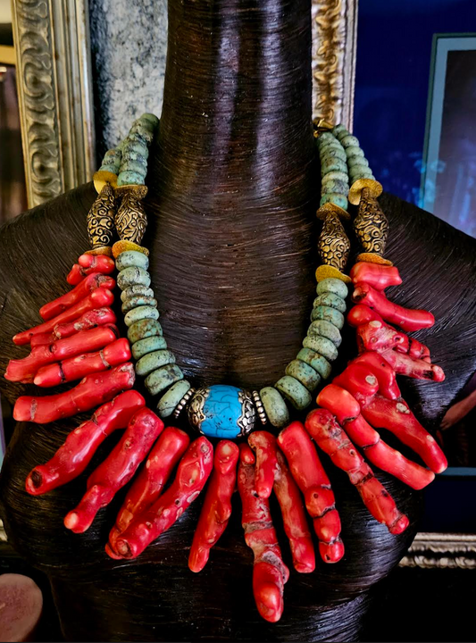 Red Branch Coral, Turquoise & Tibetan Brass Repousse Statement Bib