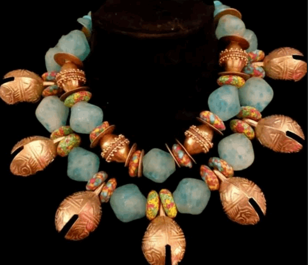 African Tibetan Brass & Glass Tribal Haute Couture Statement Necklace, Blue Gold Bold Chunky Heavy Beaded Collar, OOAK Wearable Art Neck Piece