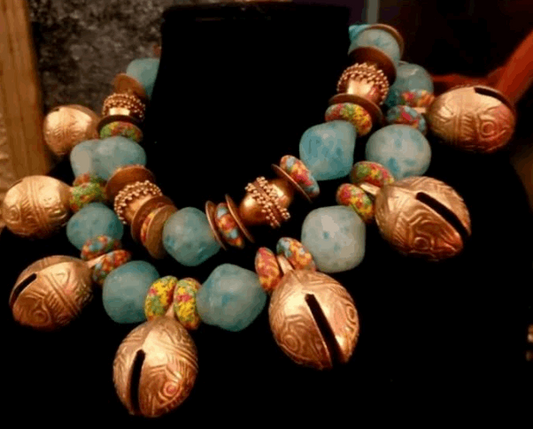 African Tibetan Brass & Glass Tribal Haute Couture Statement Necklace, Blue Gold Bold Chunky Heavy Beaded Collar, OOAK Wearable Art Neck Piece