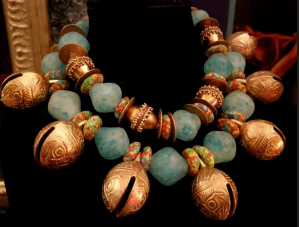African Tibetan Brass & Glass Tribal Haute Couture Statement Necklace, Blue Gold Bold Chunky Heavy Beaded Collar, OOAK Wearable Art Neck Piece