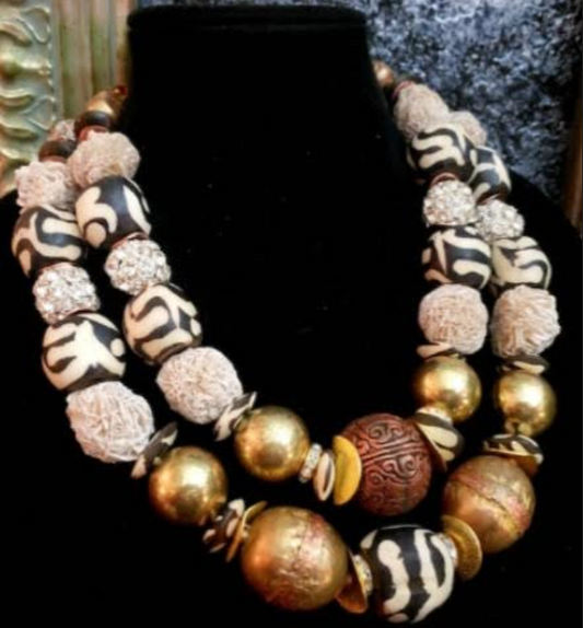 Zebu Bone Desert Rose & Brass Necklace – Tribal Socialite Statement Piece