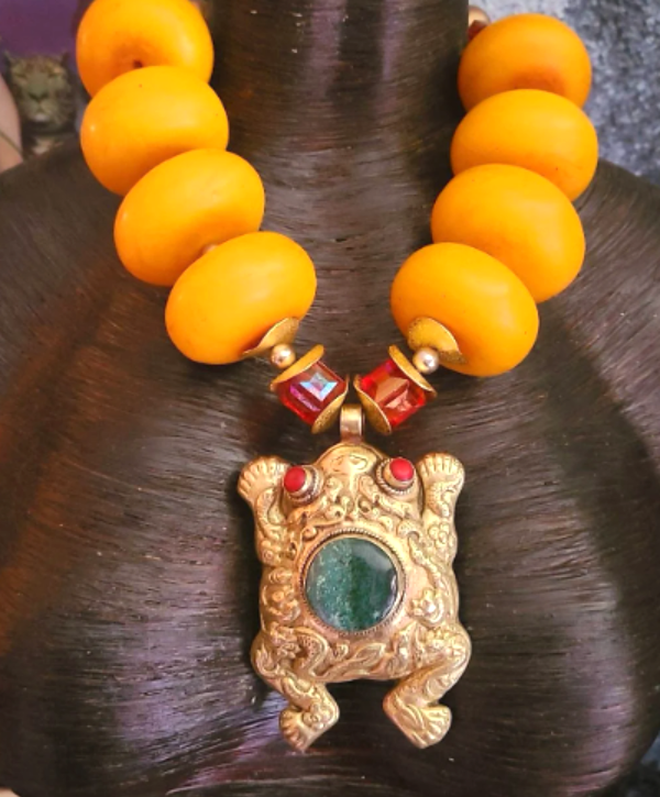Huge Moroccan Resin Beaded Tribal Statement Necklace with Tibetan Frog