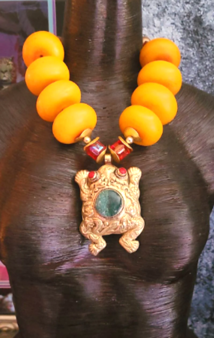 Huge Moroccan Resin Beaded Tribal Statement Necklace with Tibetan Frog