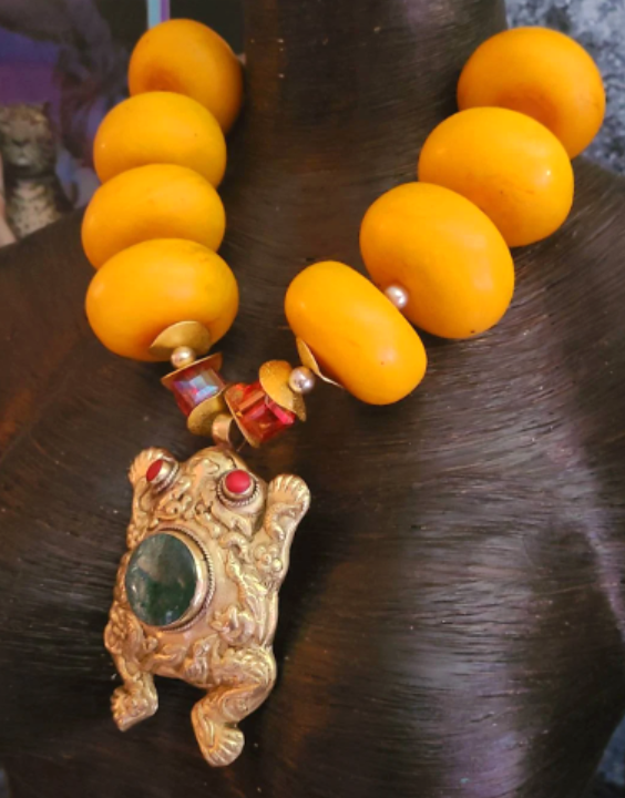 Huge Moroccan Resin Beaded Tribal Statement Necklace with Tibetan Frog