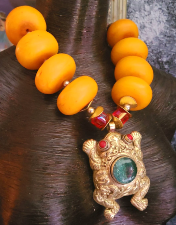 Huge Moroccan Resin Beaded Tribal Statement Necklace with Tibetan Frog