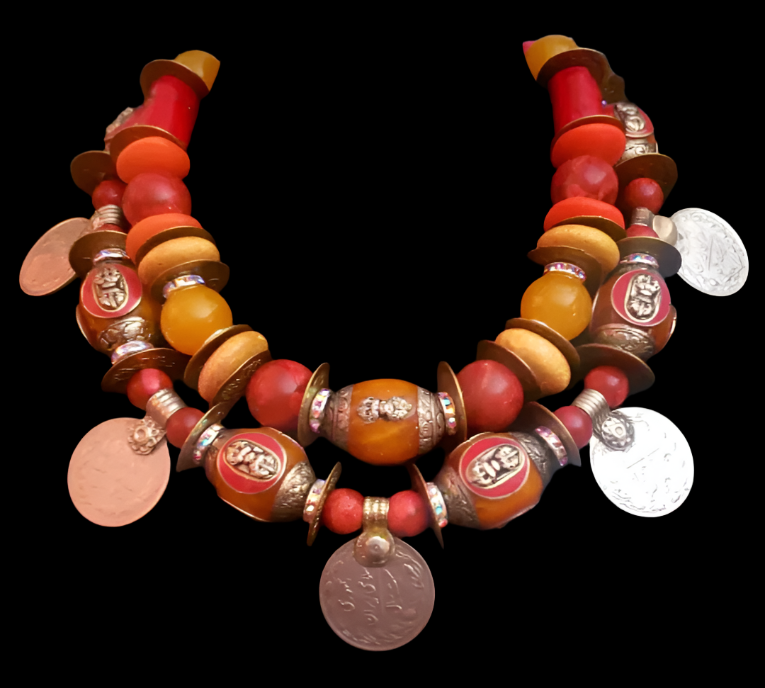 Tibetan Resin & Kuchi Coin Exotic Tribal Luxury Necklace, Women of Col