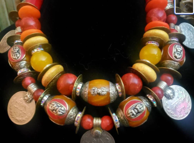Tibetan Resin & Kuchi Coin Exotic Tribal Luxury Necklace, Women of Col
