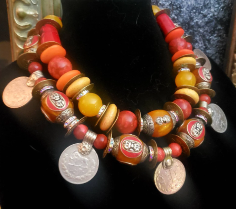 Tibetan Resin & Kuchi Coin Exotic Tribal Luxury Necklace, Women of Col