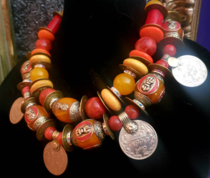 Tibetan Resin & Kuchi Coin Exotic Tribal Luxury Necklace, Women of Col