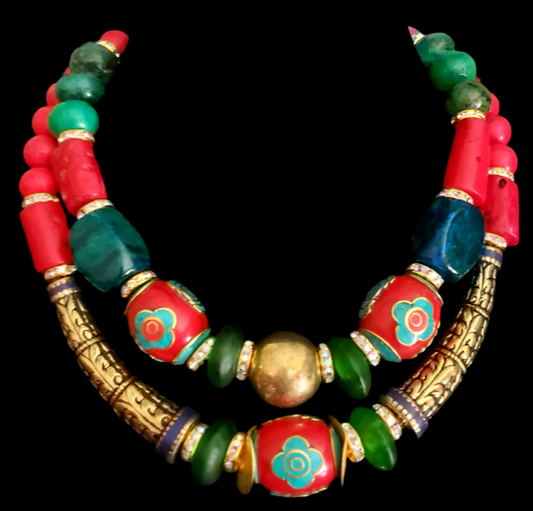 Tibetan Repousse Exotic Tribal Necklace Set - High End Couture