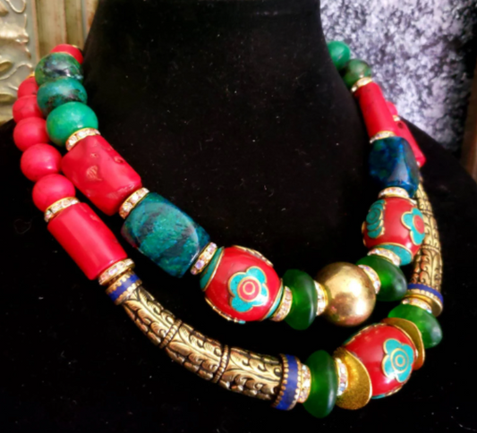 Tibetan Repousse Exotic Tribal Necklace Set - High End Couture