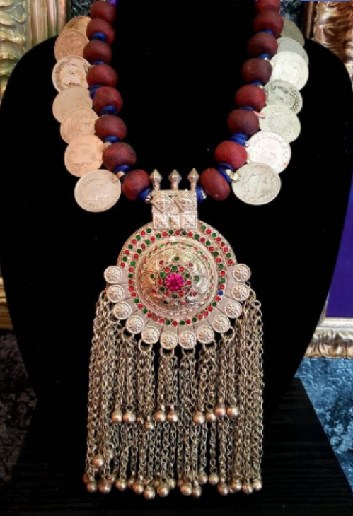 Waziri Domed Gemstone Pendant Ethnic Chest Piece, Moroccan Resin Kuchi