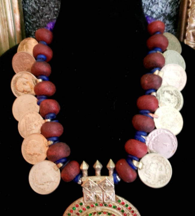 Waziri Domed Gemstone Pendant Ethnic Chest Piece, Moroccan Resin Kuchi