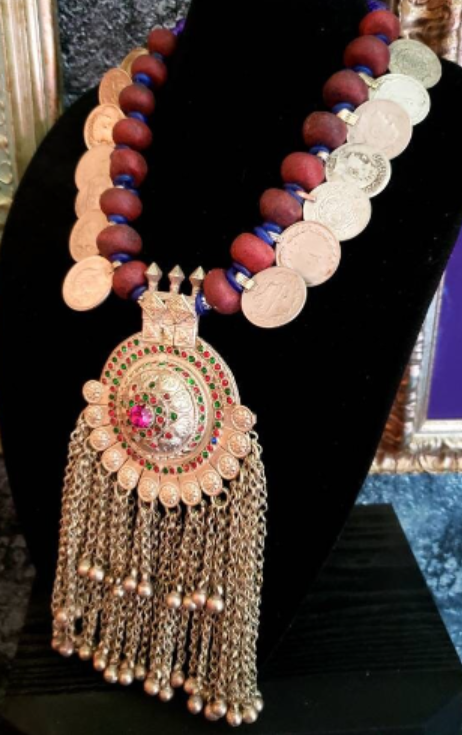 Waziri Domed Gemstone Pendant Ethnic Chest Piece, Moroccan Resin Kuchi