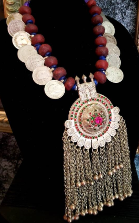 Waziri Domed Gemstone Pendant Ethnic Chest Piece, Moroccan Resin Kuchi