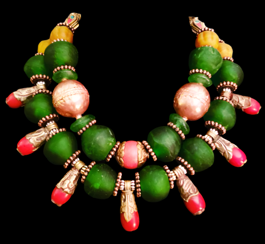 Red Green & Copper Tribal Bead Multi Strand High End Necklace - Africa