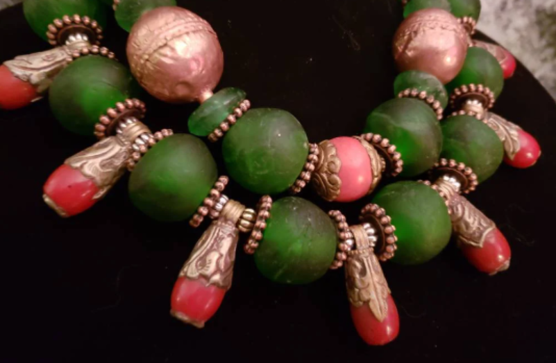 Red Green & Copper Tribal Beaded Double Strand Luxury Necklace, Africa