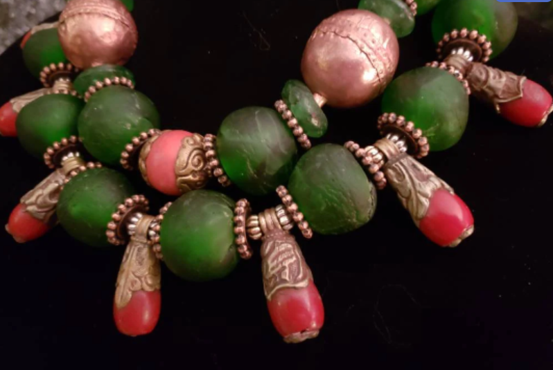 Red Green & Copper Tribal Beaded Double Strand Luxury Necklace, Africa