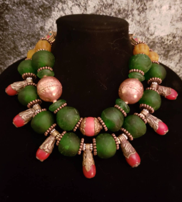 Red Green & Copper Tribal Beaded Double Strand Luxury Necklace, Africa