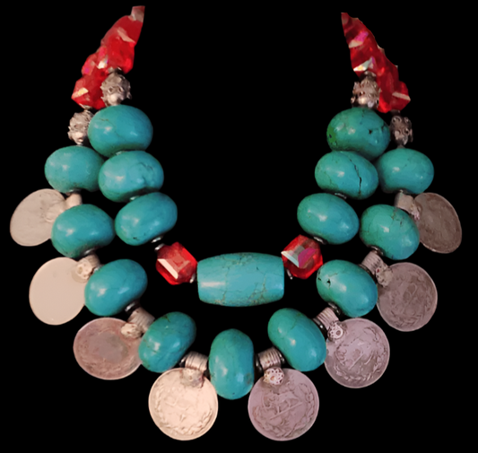 Bold Chunky Heavy Magnesite & Kuchi Coin Tribal Necklace, Red Blue Silver Oversized Beaded Ethnic Choker, Iris Apfel Style Jewelry