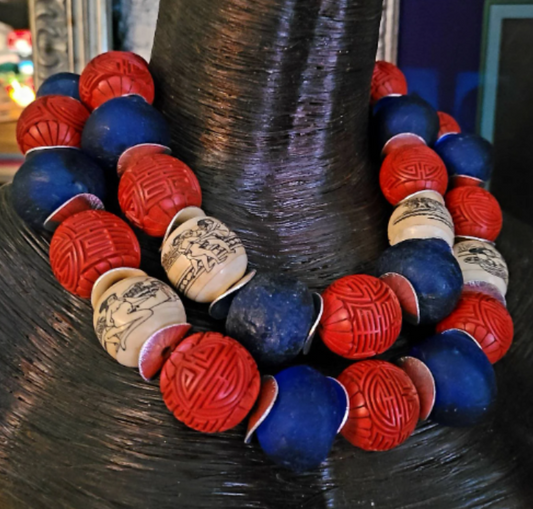 Oversized Cinnabar Glass & Erotic Faux Scrimshaw Beaded Statement N