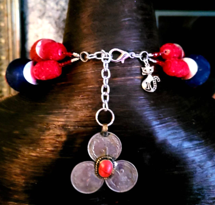 Oversized Cinnabar Glass & Erotic Faux Scrimshaw Beaded Statement N