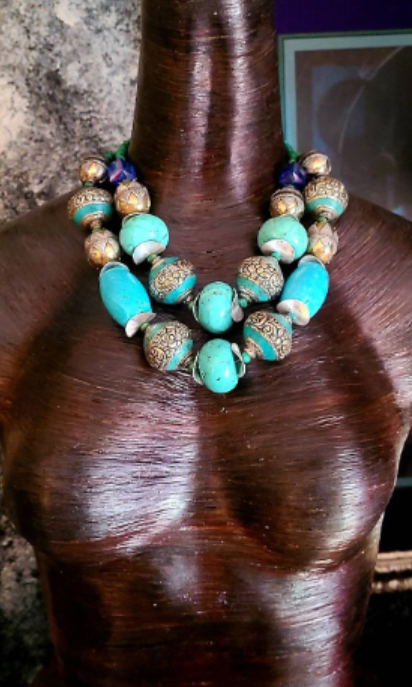 Turquoise Repousse & Magnesite Jumbo Beaded Statement Luxury Necklace,