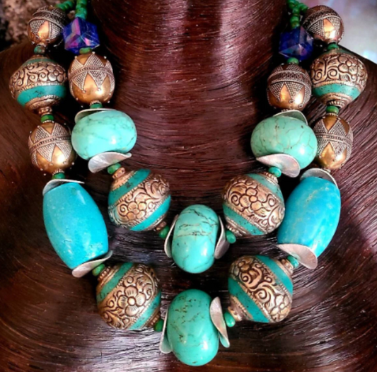 Turquoise Repousse & Magnesite Jumbo Beaded Statement Luxury Necklace,