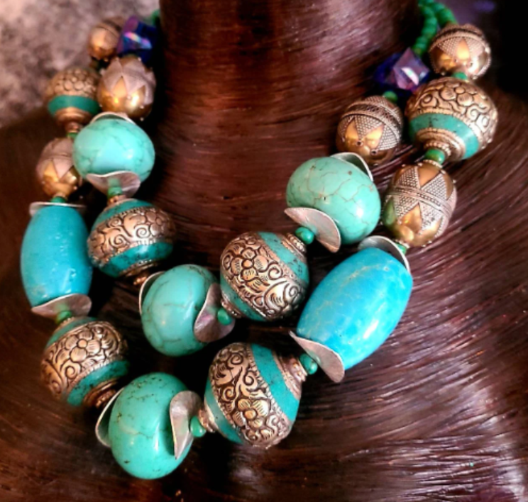 Turquoise Repousse & Magnesite Jumbo Beaded Statement Luxury Necklace,