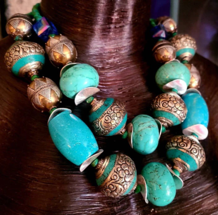 Turquoise Repousse & Magnesite Jumbo Beaded Statement Luxury Necklace,