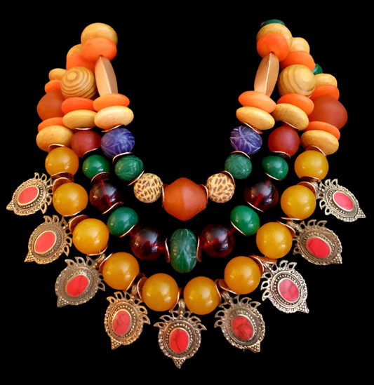 Mixed Media Multi Strand Orange Gold & Red Tribal Luxury Necklace