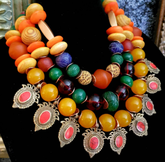 Mixed Media Multi Strand Orange Gold & Red Tribal Luxury Necklace