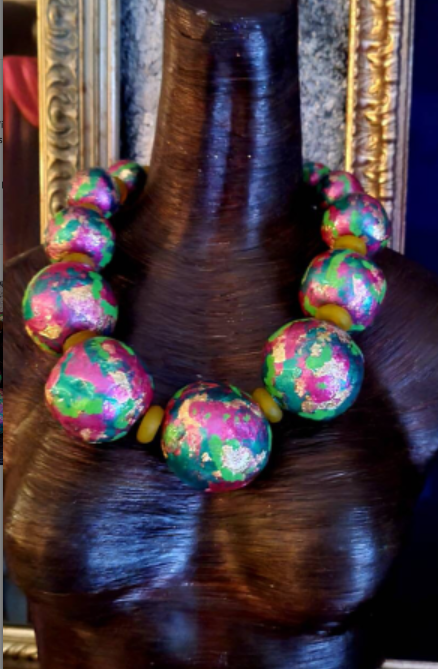 Metallic Pink Green & Gold Huge Hand Sculpted Beaded Luxury Necklace,