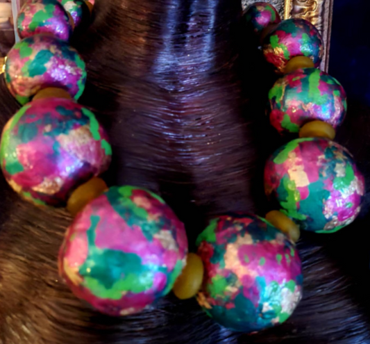Metallic Pink Green & Gold Huge Hand Sculpted Beaded Luxury Necklace,