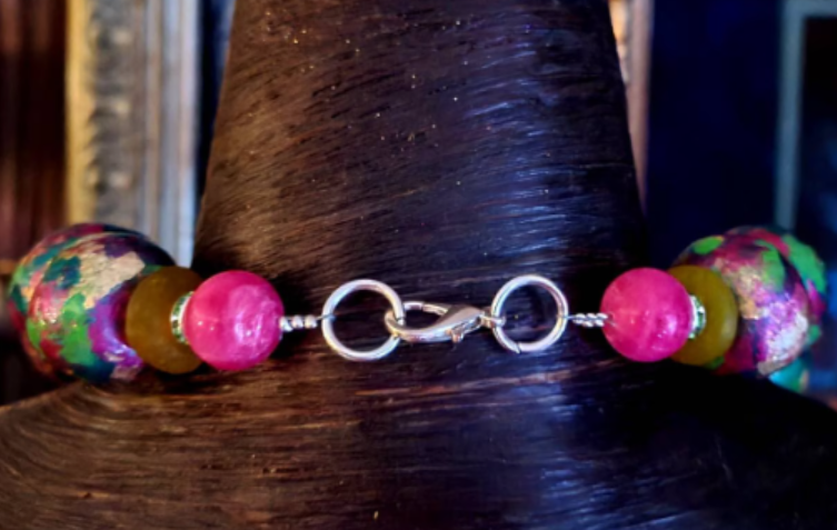 Metallic Pink Green & Gold Huge Hand Sculpted Beaded Luxury Necklace,