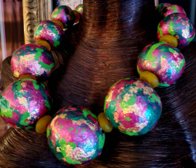 Metallic Pink Green & Gold Huge Hand Sculpted Beaded Luxury Necklace,