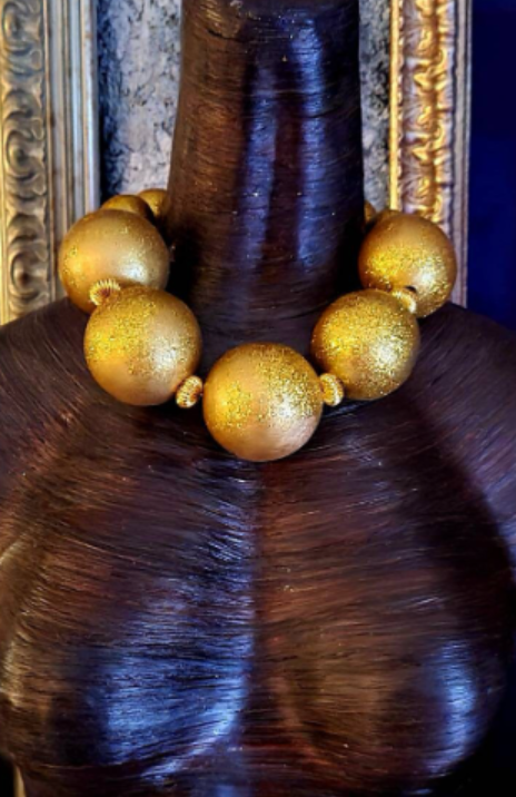 Metallic Gold Glitter Jumbo Orb Statement Luxury Necklace - Iris Apfel