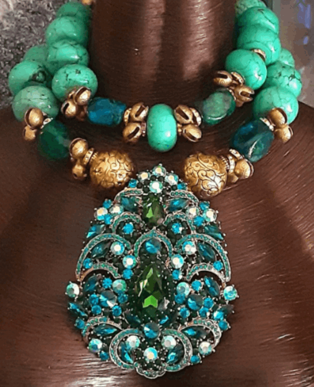 Beaded Oversized Choker Magnesite Blue Green Art Deco Rhinestone Pendant Hollywood Glamour Jewelry Bridal Luxe Diamante Bling Katkouture