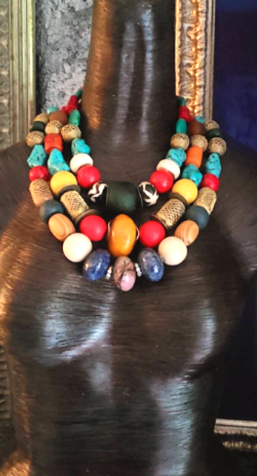 Statement Luxury Necklace Triple Strand Mixed Media Beaded, Neck Candy