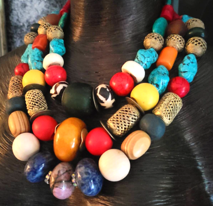 Statement Luxury Necklace Triple Strand Mixed Media Beaded, Neck Candy