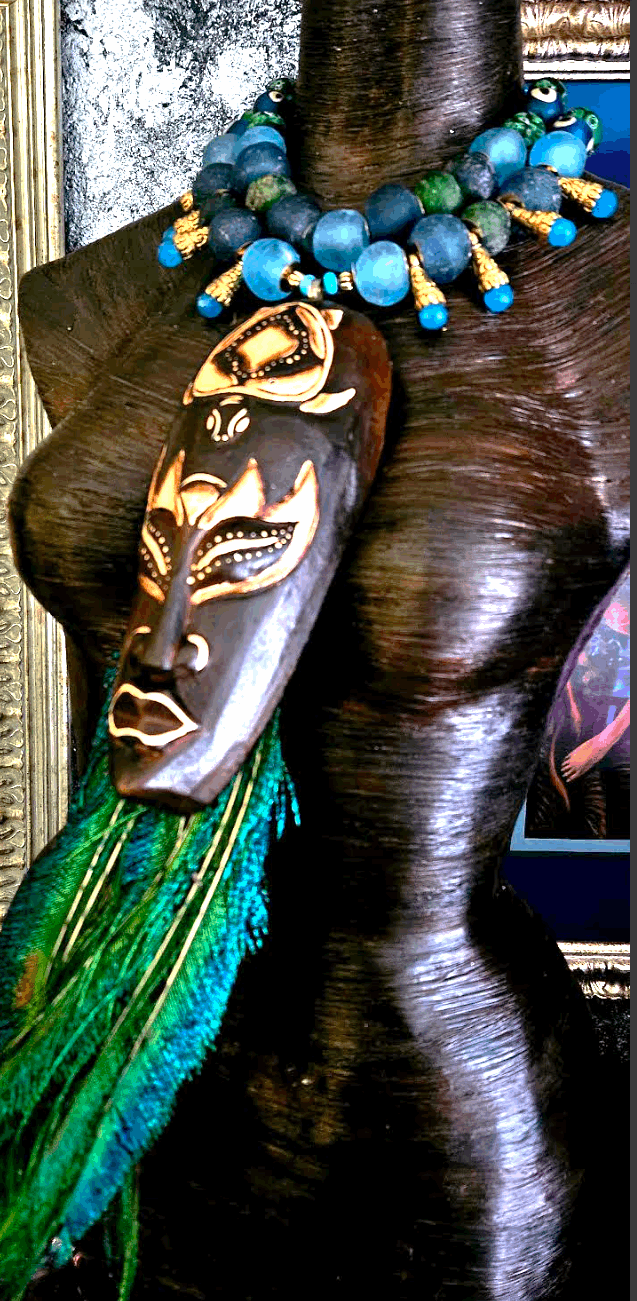 Amazon Goddess Tribal Chest Piece, Peacock Feather Statement Necklace, Exotic Wild Carved Wood Talisman Bib