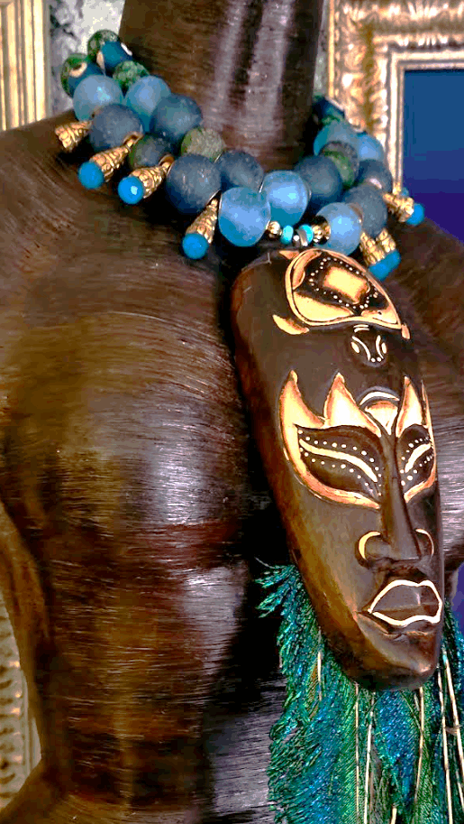 Amazon Goddess Tribal Chest Piece, Peacock Feather Statement Necklace, Exotic Wild Carved Wood Talisman Bib