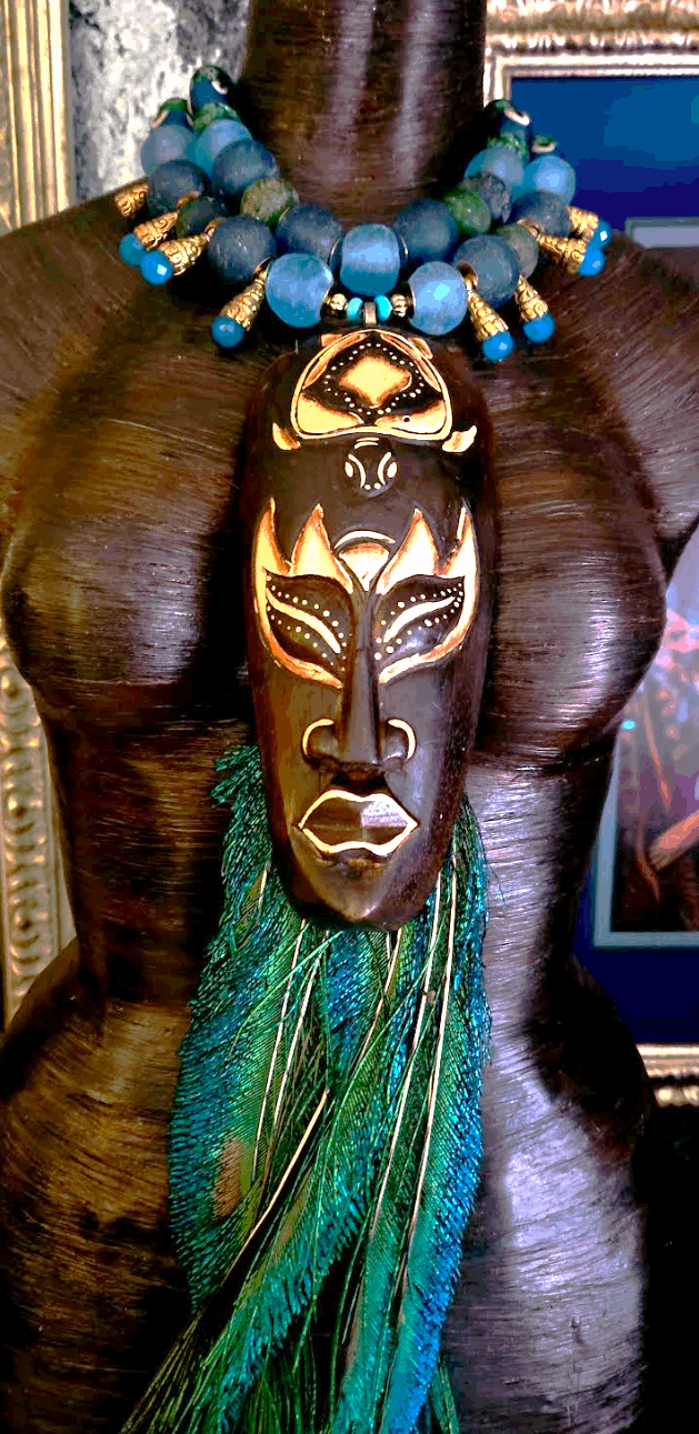 Amazon Goddess Tribal Chest Piece, Peacock Feather Statement Necklace, Exotic Wild Carved Wood Talisman Bib